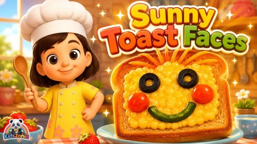 Sunny Toast Faces made with scrambled eggs, cheese, olives, cherry tomatoes, bell peppers, and carrot strips on golden toast for kids.