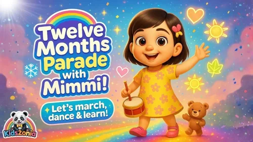 Mimmi leading a colorful Twelve Months Parade with cheerful month characters, seasonal costumes, snowflakes, flowers, sunshine, autumn leaves, and sparkling lights in a bright Kidszonia learning song scene.