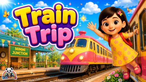 Mimmi smiling on a colorful train ride with children sitting safely, sharing, reading books, looking at mountains, keeping seats clean, and waving goodbye in a bright Kidszonia travel learning song scene.