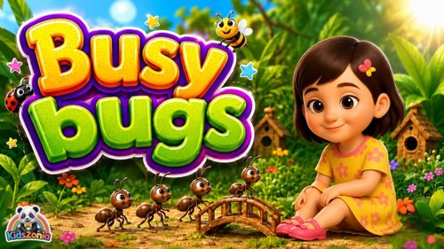 Mimmi learning from cheerful ants, busy bees, and gentle butterflies in a colorful garden scene, showing discipline, teamwork, patience, and positive behavior in a Kidszonia learning song