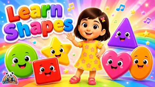 Mimmi dancing with colorful circle, square, triangle, heart, and star shapes in a bright Kidszonia shape learning song scene with cheerful movement and playful animation.