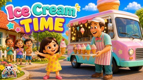 Mimmi smiling and holding a colorful ice cream cone beside a friendly ice cream man and his cheerful ice cream truck.