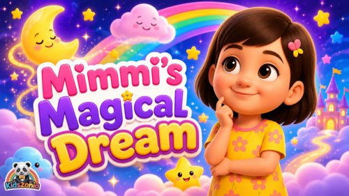 Mimmi floating through a magical dreamland on soft clouds with stars, rainbow paths, a friendly blue dragon, unicorn, moon, fairy dust, and sparkling castles in a calming Kidszonia bedtime song scene.