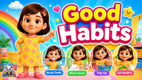 Good Habits Song for kids teaching brushing teeth, handwashing, healthy eating, kindness, and sharing
