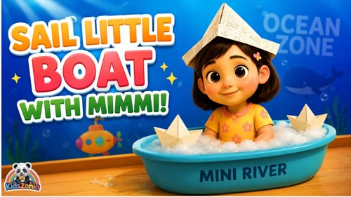 Child sailing a paper boat in sparkling rain puddles with bubbles and playful water adventure