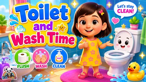 Mimmi learning a potty routine by flushing, washing hands with bubbly soap, rinsing, and drying with a towel in a cheerful toddler-friendly bathroom scene.