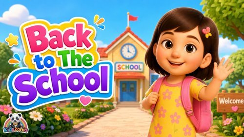 Happy preschool girl wearing a backpack and waving as she walks toward school with friends on a bright morning.