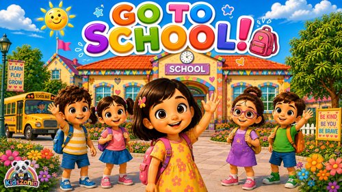 Happy preschool children singing with Mimmi while wearing backpacks, walking to school, clapping, counting numbers, learning the alphabet, and enjoying a colorful classroom adventure.