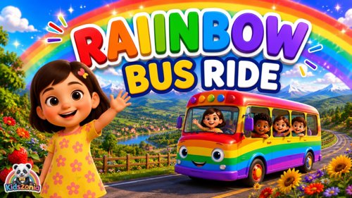 Rainbow Bus Song for Kids with colorful bus and six rainbow colors