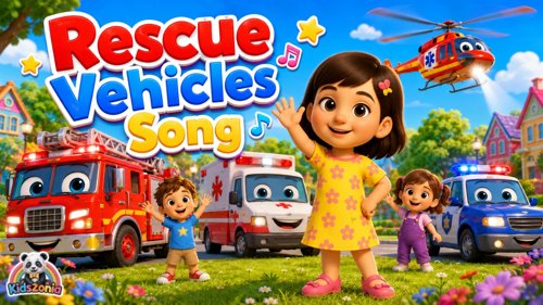Colorful rescue vehicles including a fire truck, ambulance, police car, and rescue helicopter for a fun kids educational song