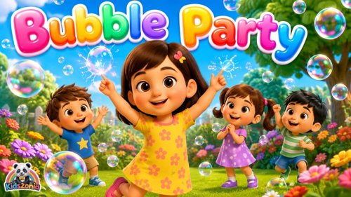 Preschool children happily dancing, jumping, and popping colorful bubbles during a fun Bubble Pop Dance Party song for kids.