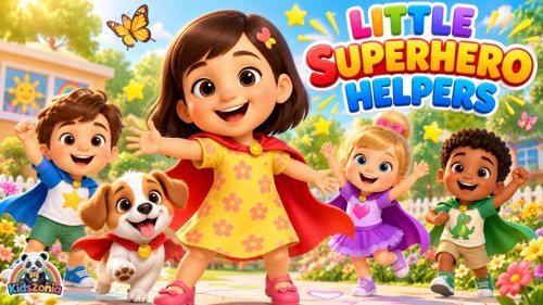 Happy preschool children dressed as little superhero helpers dancing, clapping, helping friends, and doing kind everyday activities.