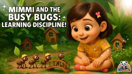 Mimmi learning from cheerful ants, busy bees, and gentle butterflies in a colorful garden scene, showing discipline, teamwork, patience, and positive behavior in a Kidszonia learning song