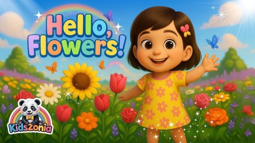 Mimmi walking through a sunny colorful garden with daisy, tulip, sunflower, rose, marigold, lavender, and lotus flowers waving hello in a bright Kidszonia nature learning song scene.
