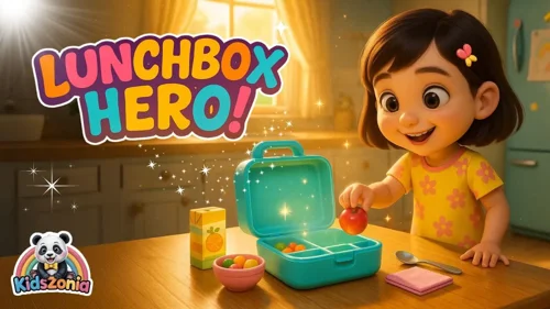 Mimmi smiling with a neatly packed lunchbox, juice box, sandwich, fruit, vegetables, spoon, and napkin in a bright colorful Kidszonia school routine learning song scene.