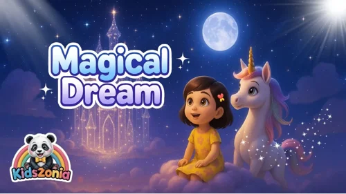 Mimmi floating through a magical dreamland on soft clouds with stars, rainbow paths, a friendly blue dragon, unicorn, moon, fairy dust, and sparkling castles in a calming Kidszonia bedtime song scene.