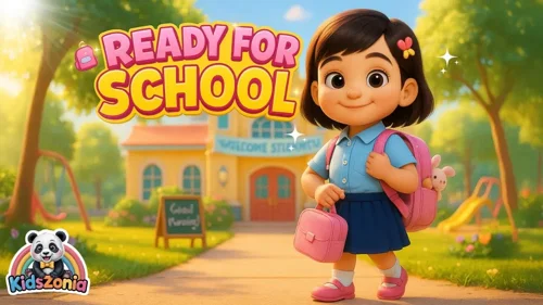 Mimmi smiling and getting ready for school with a backpack, lunchbox, shoes, pencils, hat, and school bus in a bright colorful Kidszonia morning routine song scene.