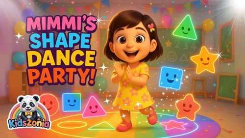 Mimmi dancing with colorful circle, square, triangle, heart, and star shapes in a bright Kidszonia shape learning song scene with cheerful movement and playful animation.