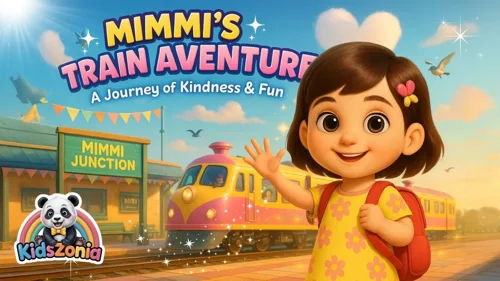 Mimmi smiling on a colorful train ride with children sitting safely, sharing, reading books, looking at mountains, keeping seats clean, and waving goodbye in a bright Kidszonia travel learning song scene.