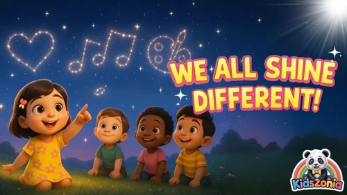 Mimmi smiling with diverse children shining like bright stars, holding hands together in a colorful Kidszonia kindness and diversity learning song scene.