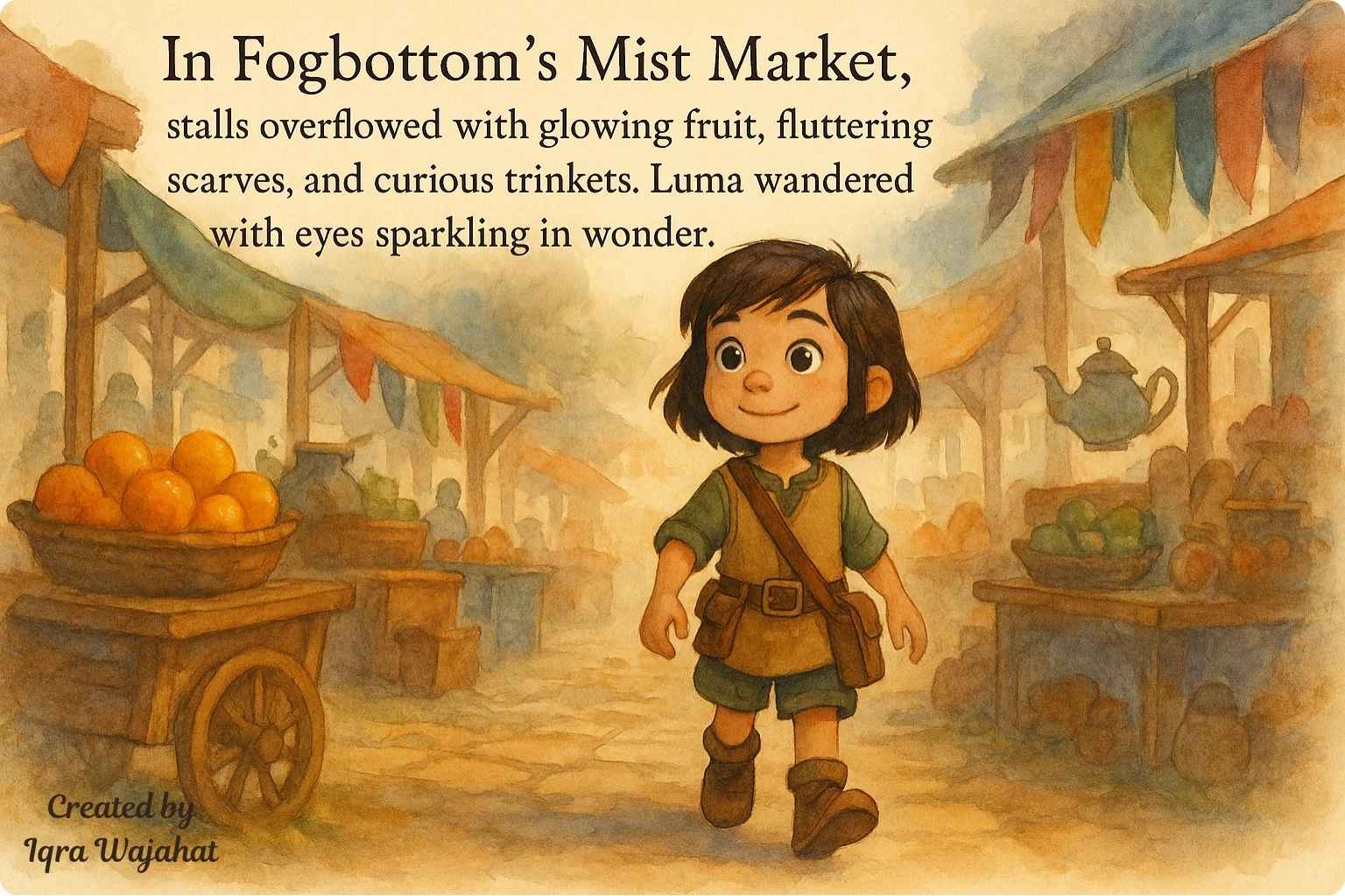 Pip holding a lantern in thick Fogbottom fog while glowing footprints and scattered magical shoes lead him toward a golden light beneath an old iron grate.
