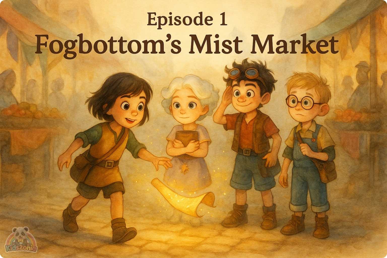 Pip holding a lantern in thick Fogbottom fog while glowing footprints and scattered magical shoes lead him toward a golden light beneath an old iron grate.