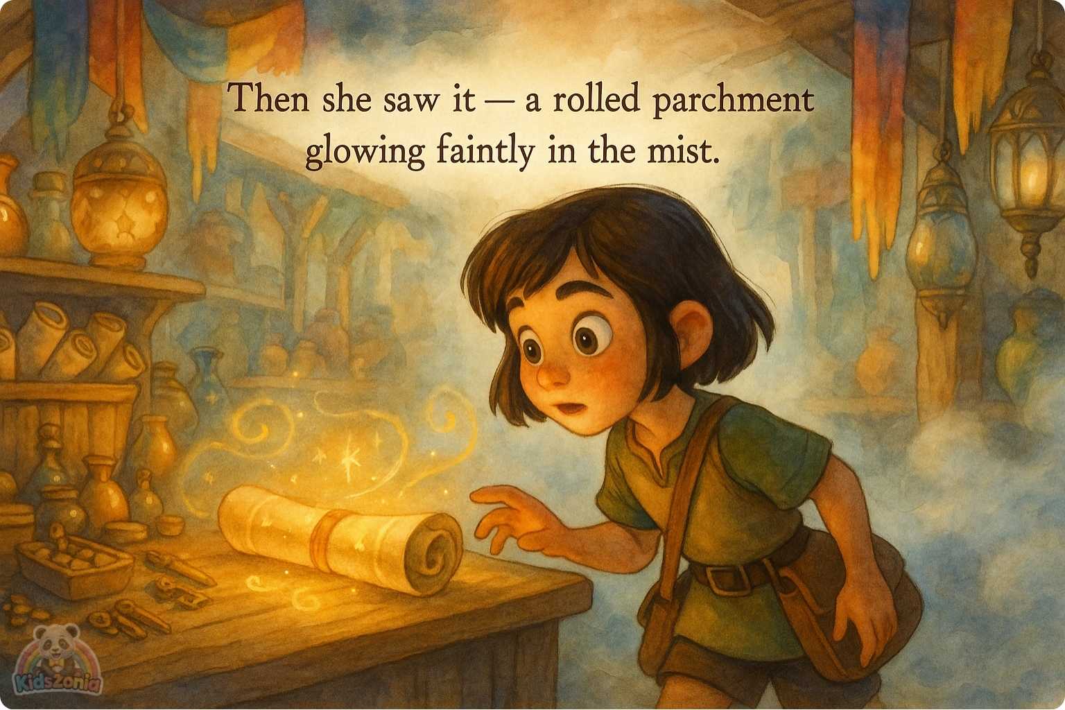 Pip holding a lantern in thick Fogbottom fog while glowing footprints and scattered magical shoes lead him toward a golden light beneath an old iron grate.
