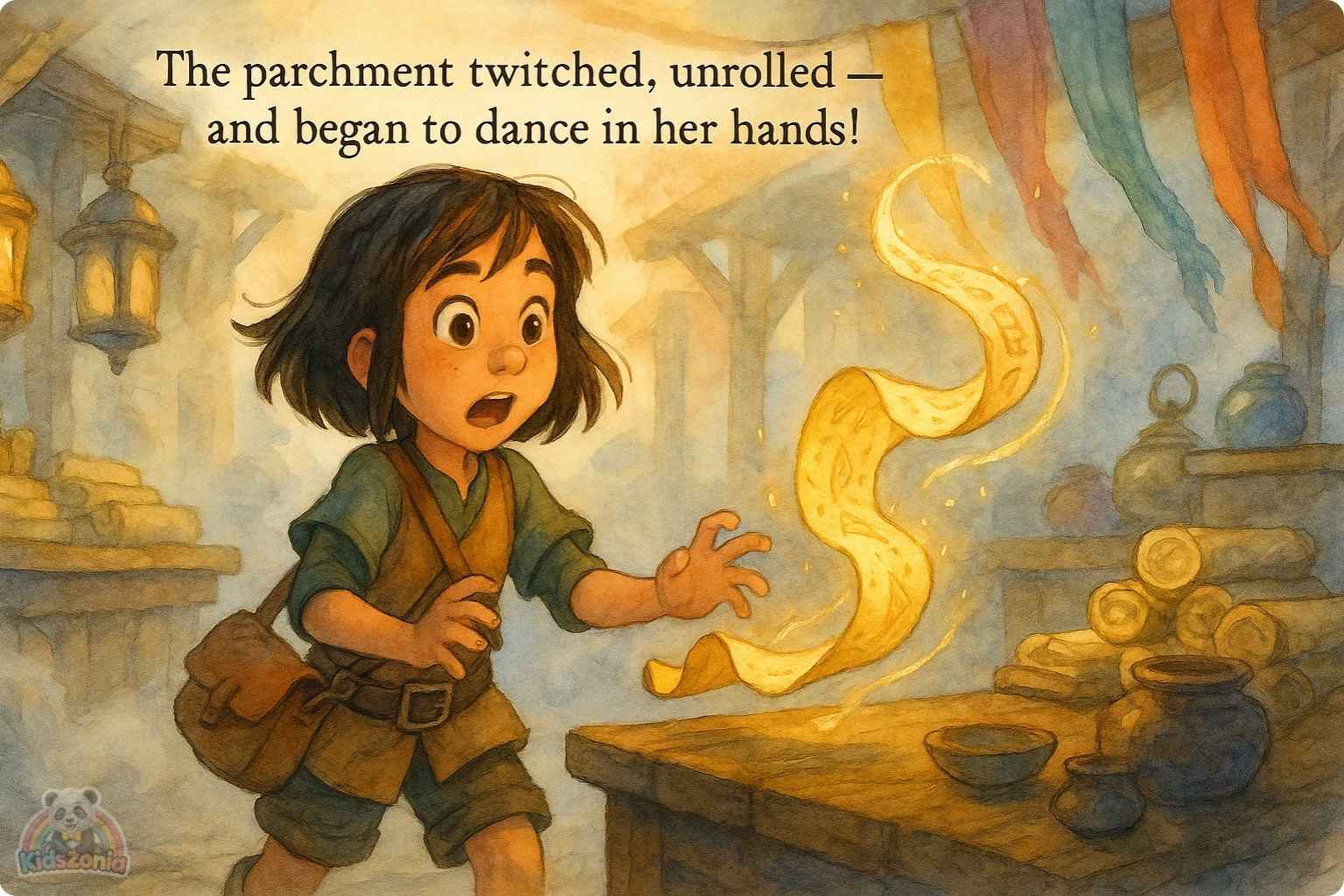 Pip holding a lantern in thick Fogbottom fog while glowing footprints and scattered magical shoes lead him toward a golden light beneath an old iron grate.
