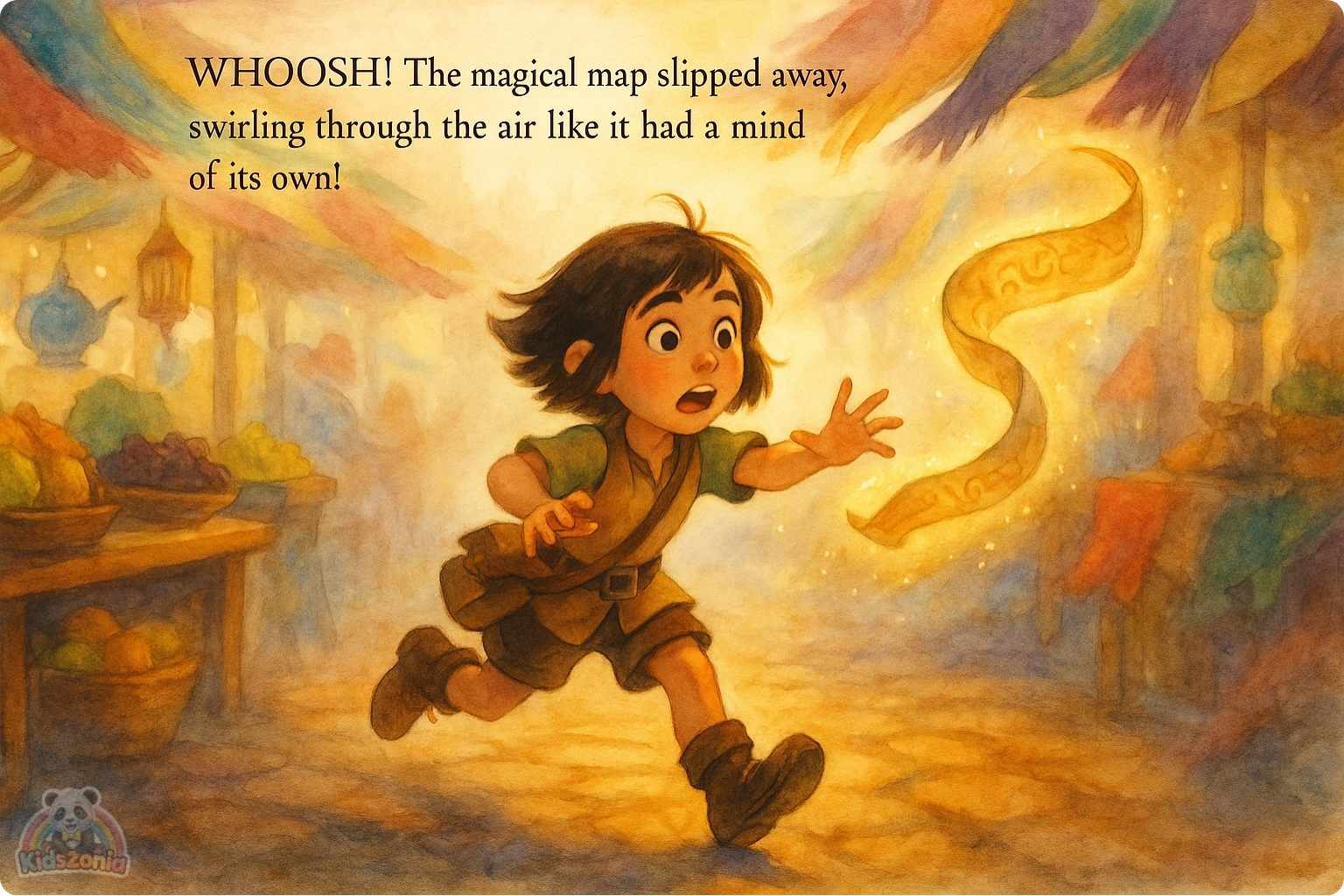 Pip holding a lantern in thick Fogbottom fog while glowing footprints and scattered magical shoes lead him toward a golden light beneath an old iron grate.