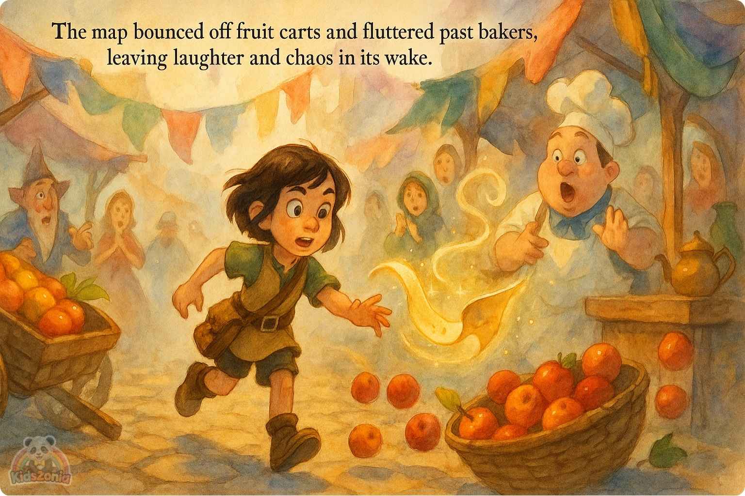 Pip holding a lantern in thick Fogbottom fog while glowing footprints and scattered magical shoes lead him toward a golden light beneath an old iron grate.