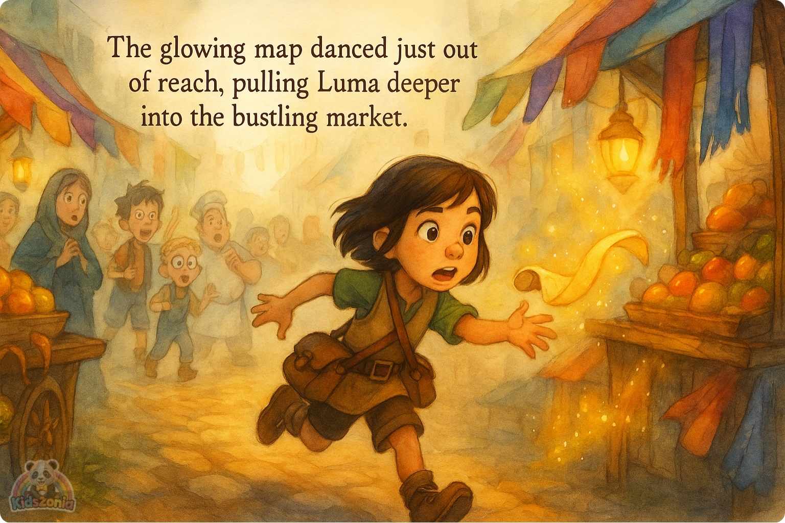 Pip holding a lantern in thick Fogbottom fog while glowing footprints and scattered magical shoes lead him toward a golden light beneath an old iron grate.