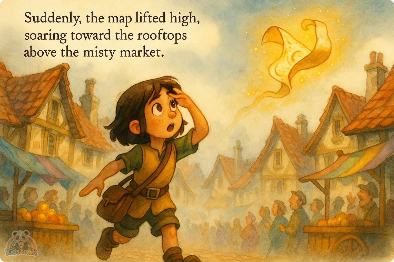 Pip holding a lantern in thick Fogbottom fog while glowing footprints and scattered magical shoes lead him toward a golden light beneath an old iron grate.