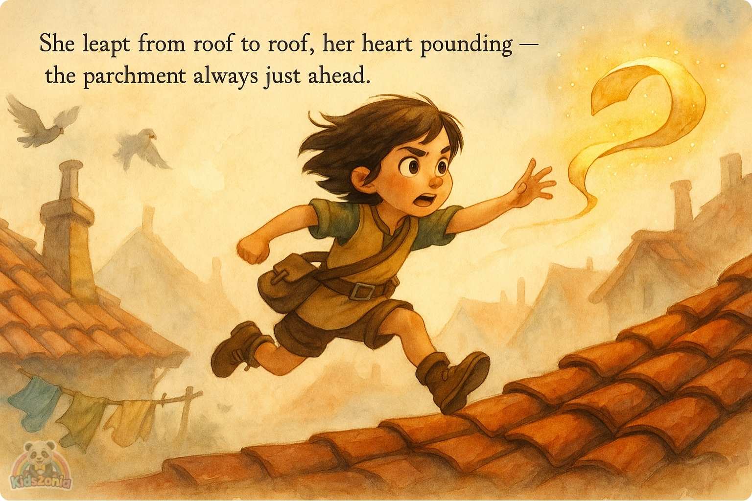 Pip holding a lantern in thick Fogbottom fog while glowing footprints and scattered magical shoes lead him toward a golden light beneath an old iron grate.
