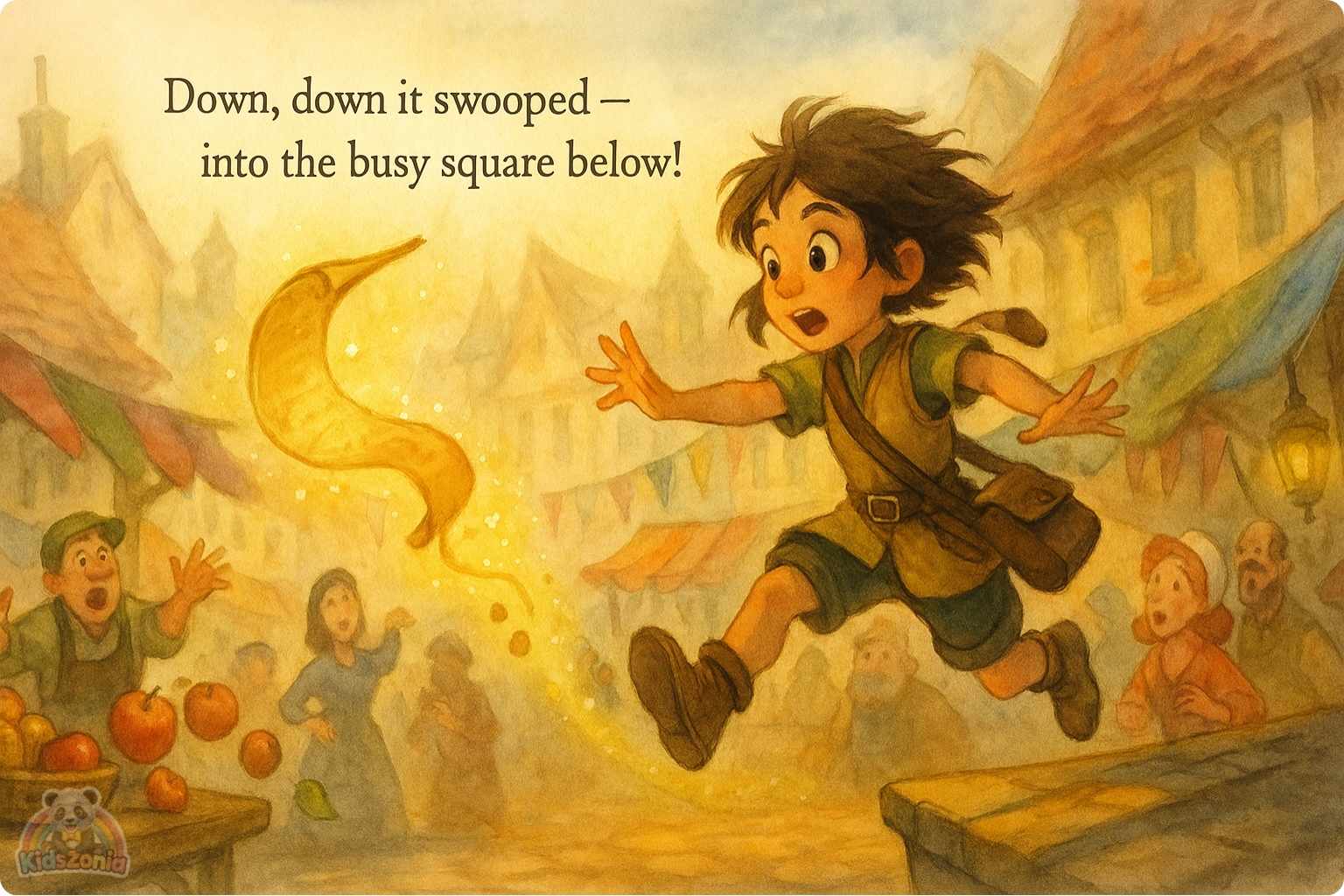 Pip holding a lantern in thick Fogbottom fog while glowing footprints and scattered magical shoes lead him toward a golden light beneath an old iron grate.