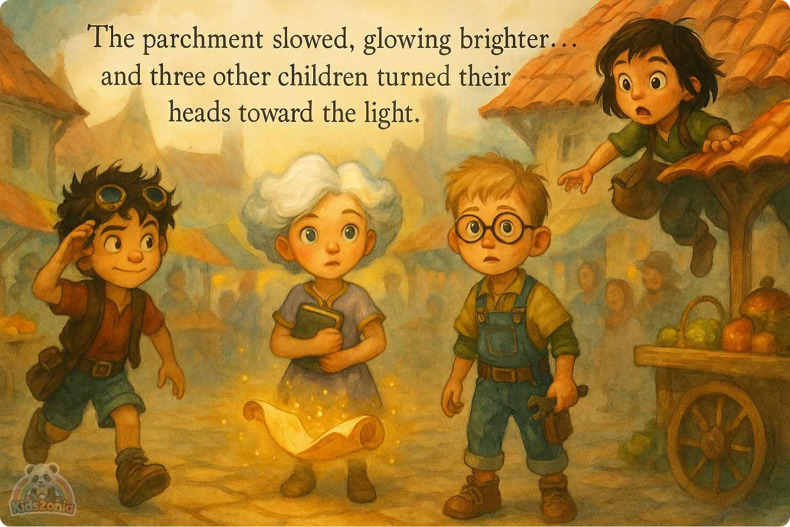 Pip holding a lantern in thick Fogbottom fog while glowing footprints and scattered magical shoes lead him toward a golden light beneath an old iron grate.