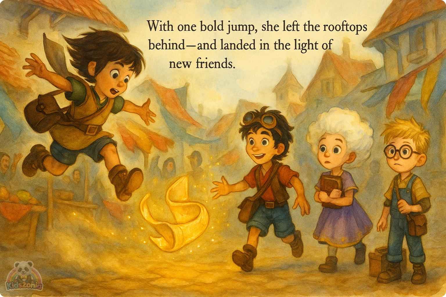 Pip holding a lantern in thick Fogbottom fog while glowing footprints and scattered magical shoes lead him toward a golden light beneath an old iron grate.