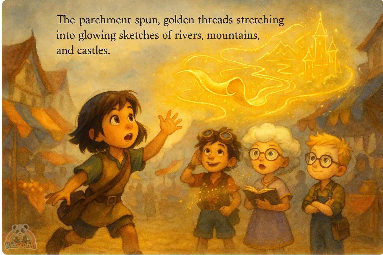 Pip holding a lantern in thick Fogbottom fog while glowing footprints and scattered magical shoes lead him toward a golden light beneath an old iron grate.