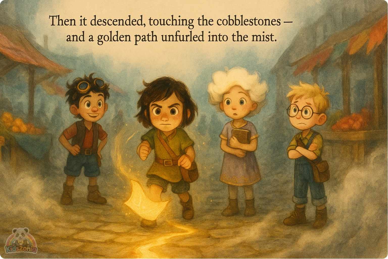 Pip holding a lantern in thick Fogbottom fog while glowing footprints and scattered magical shoes lead him toward a golden light beneath an old iron grate.