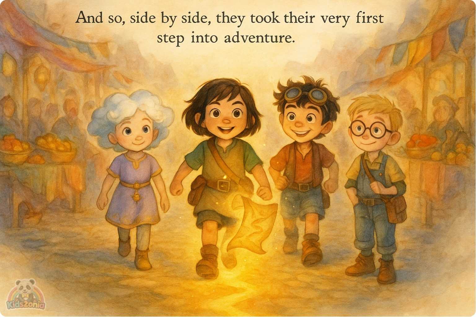 Pip holding a lantern in thick Fogbottom fog while glowing footprints and scattered magical shoes lead him toward a golden light beneath an old iron grate.