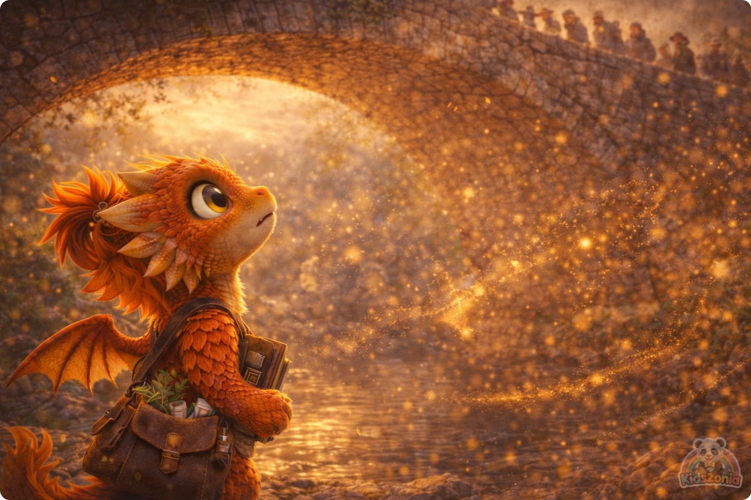 Ember watching golden dust swirl around Grumble the Troll beneath a cracked bridge, showing quick fixes, careful observation, patience, and problem-solving.