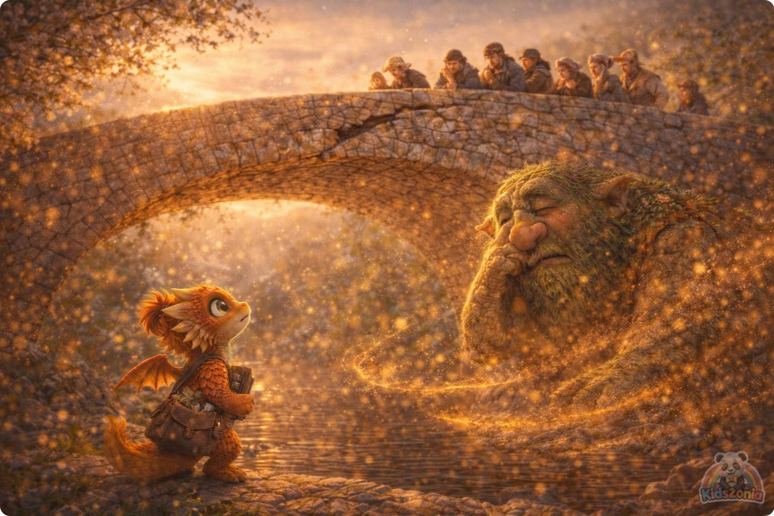 Ember watching golden dust swirl around Grumble the Troll beneath a cracked bridge, showing quick fixes, careful observation, patience, and problem-solving.
