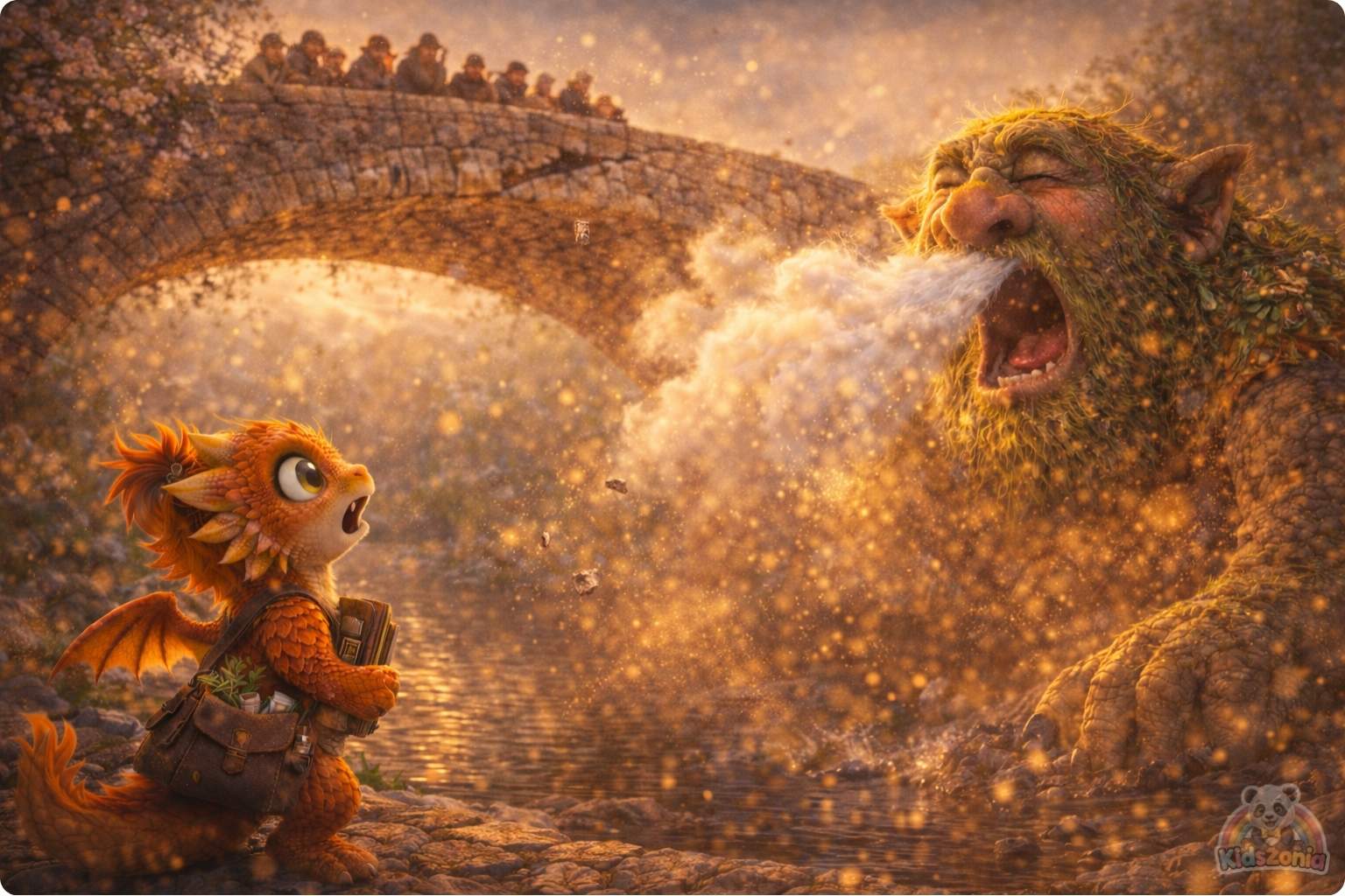 Ember watching golden dust swirl around Grumble the Troll beneath a cracked bridge, showing quick fixes, careful observation, patience, and problem-solving.