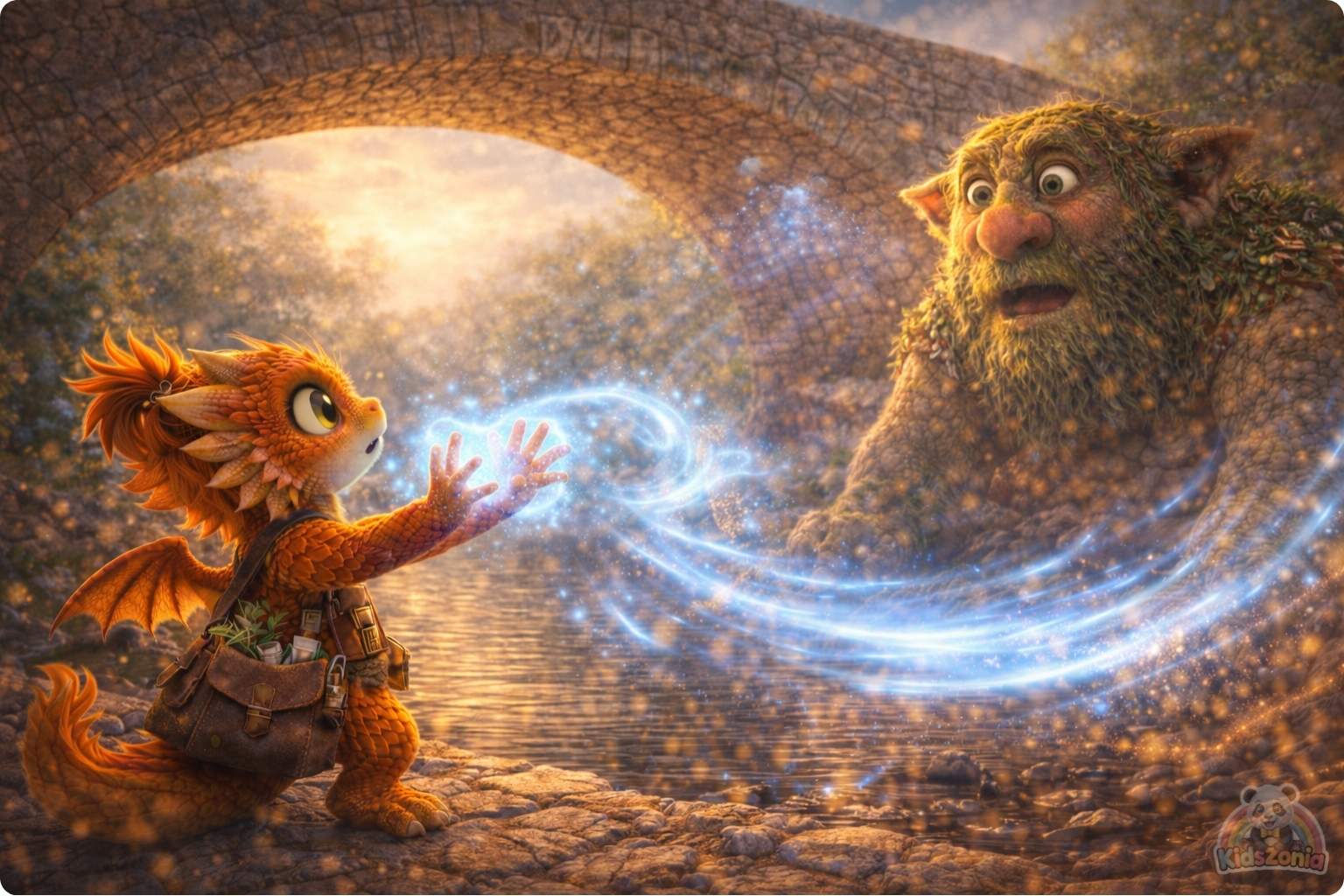 Ember watching golden dust swirl around Grumble the Troll beneath a cracked bridge, showing quick fixes, careful observation, patience, and problem-solving.
