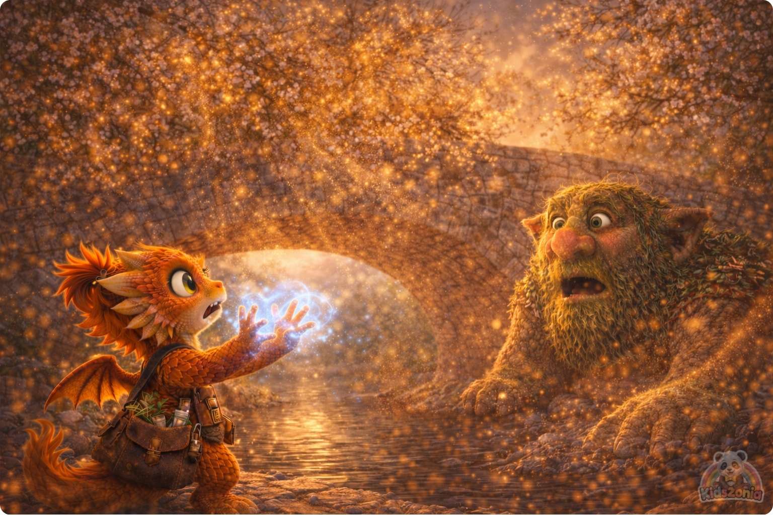 Ember watching golden dust swirl around Grumble the Troll beneath a cracked bridge, showing quick fixes, careful observation, patience, and problem-solving.