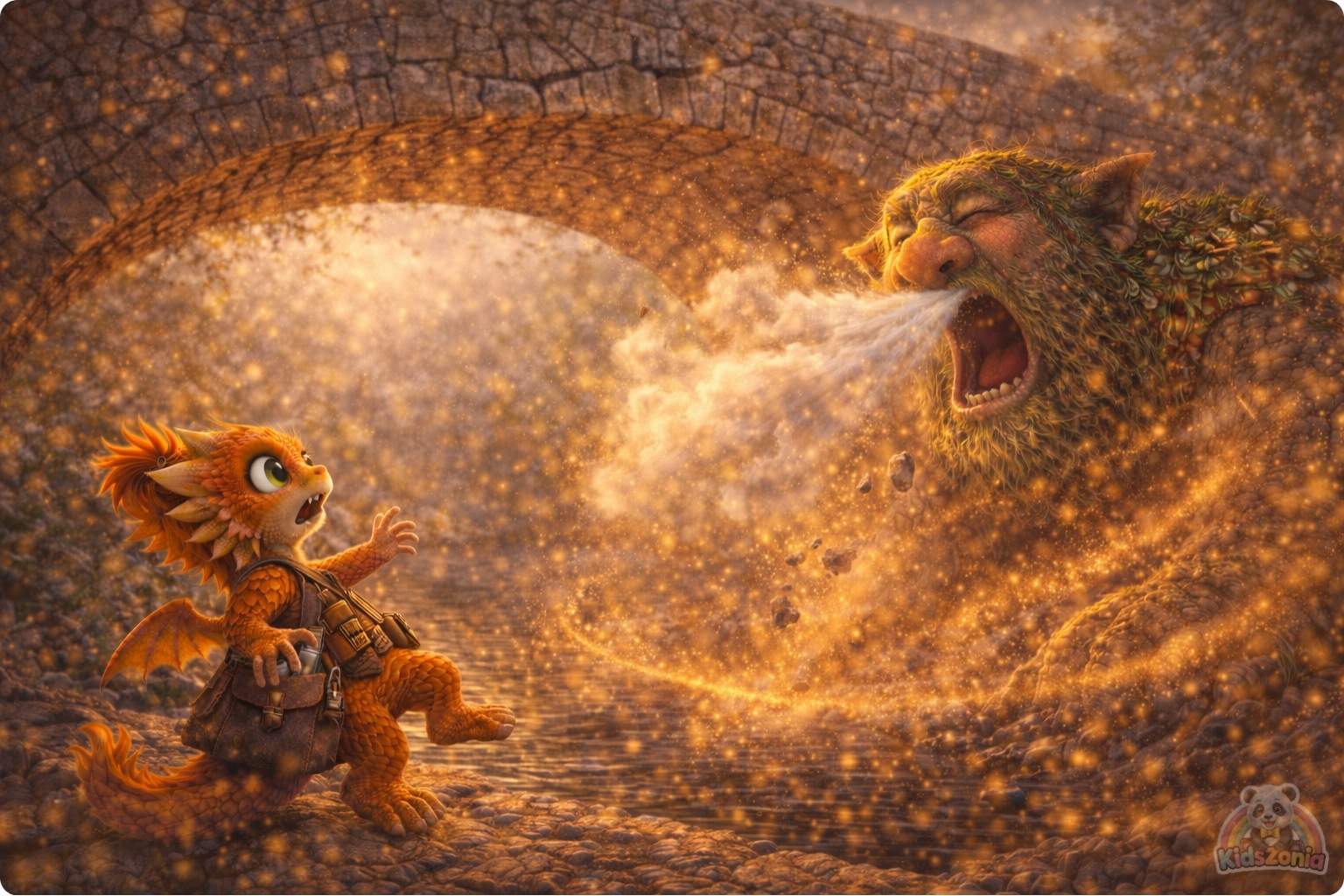 Ember watching golden dust swirl around Grumble the Troll beneath a cracked bridge, showing quick fixes, careful observation, patience, and problem-solving.