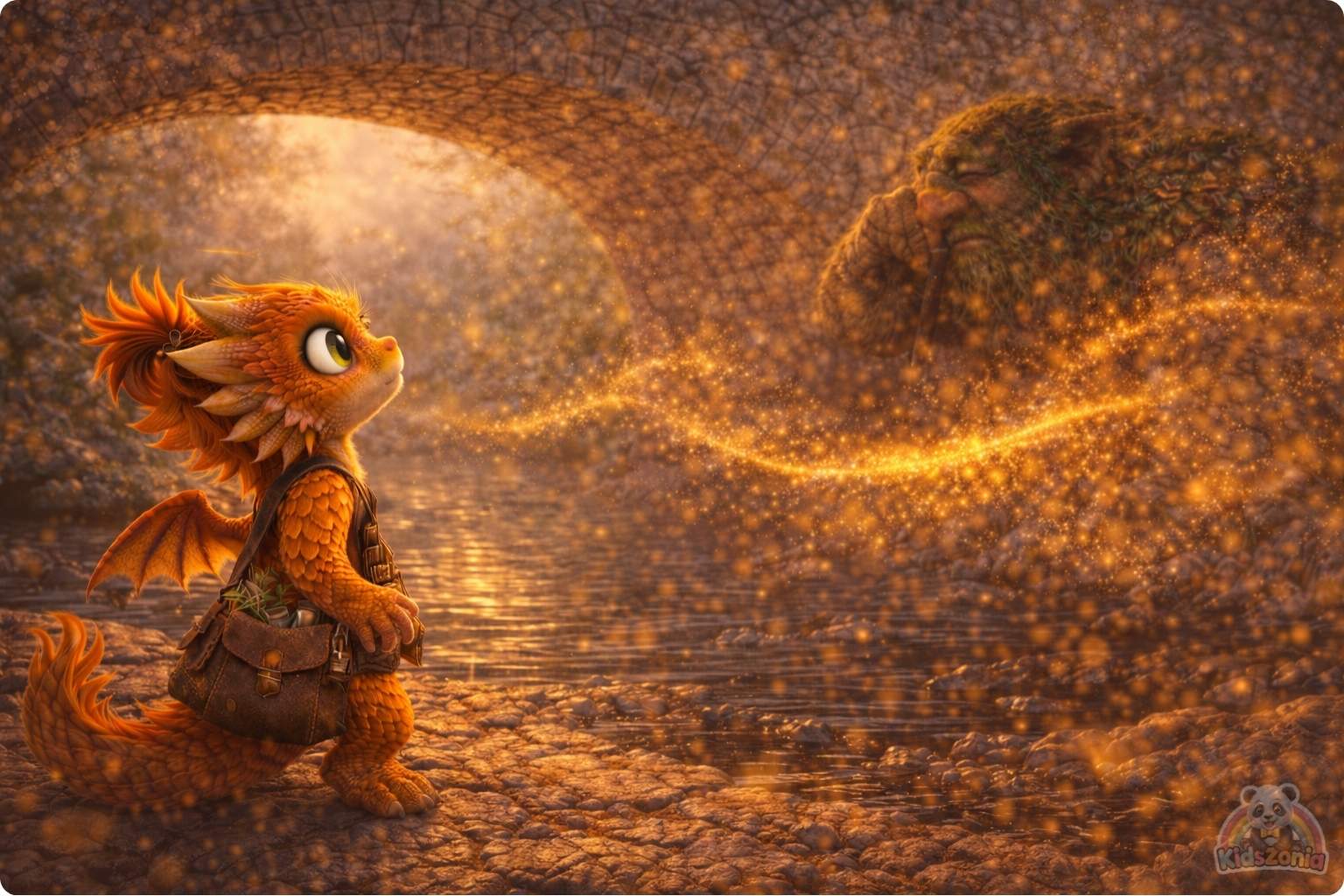 Ember watching golden dust swirl around Grumble the Troll beneath a cracked bridge, showing quick fixes, careful observation, patience, and problem-solving.