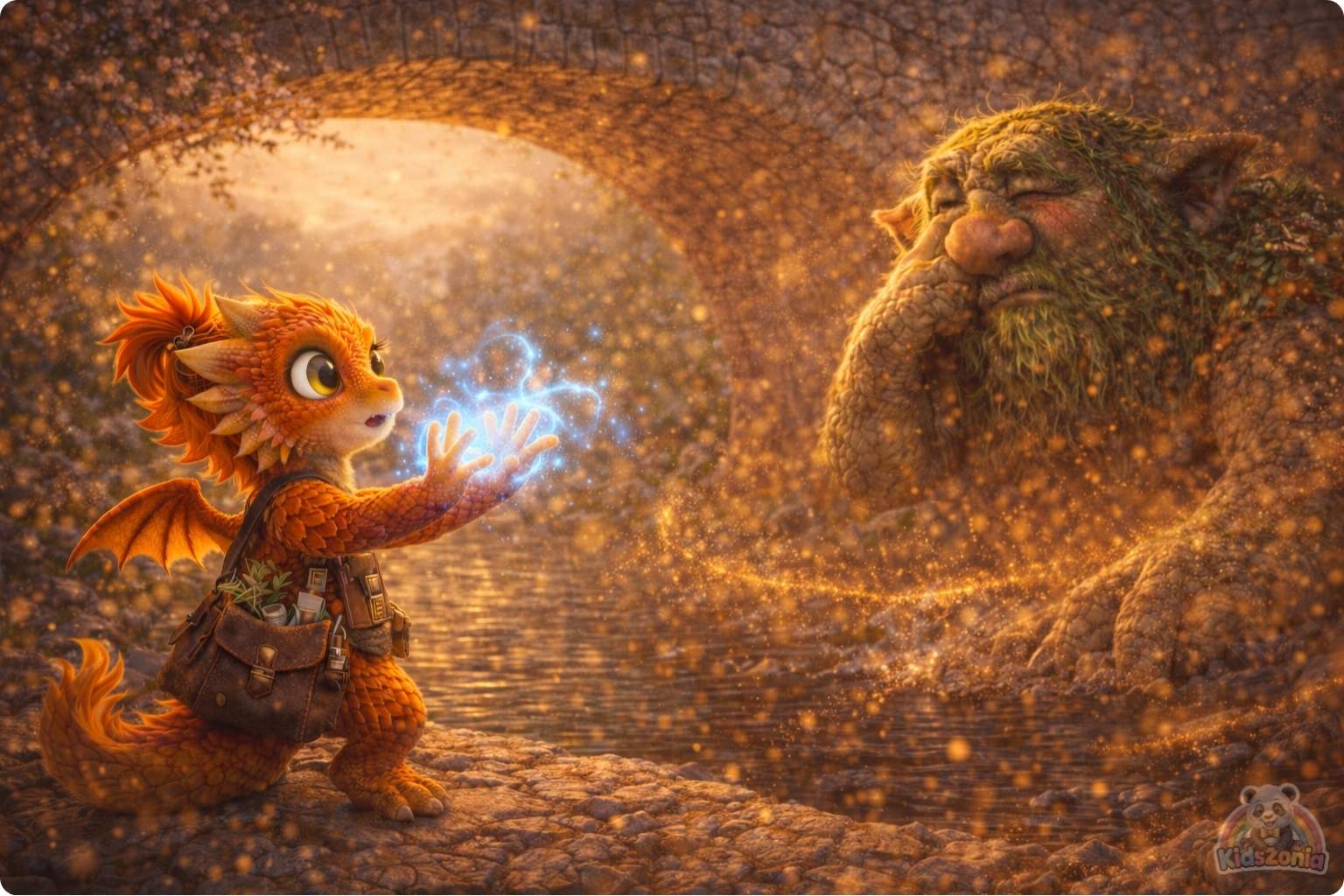 Ember watching golden dust swirl around Grumble the Troll beneath a cracked bridge, showing quick fixes, careful observation, patience, and problem-solving.