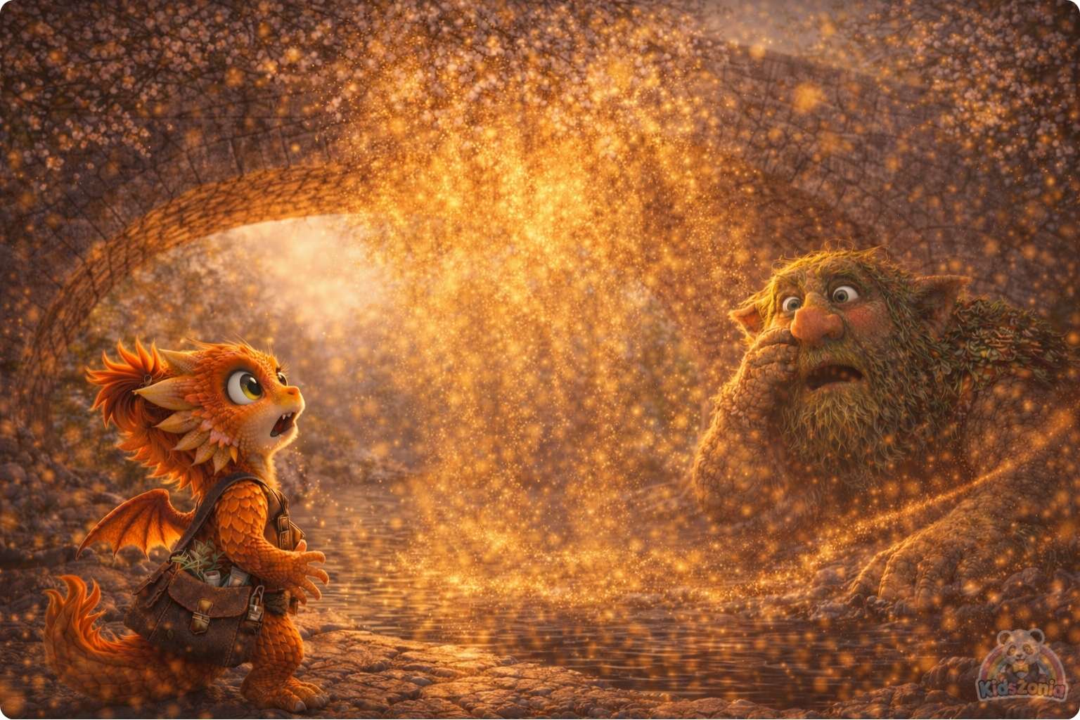 Ember watching golden dust swirl around Grumble the Troll beneath a cracked bridge, showing quick fixes, careful observation, patience, and problem-solving.