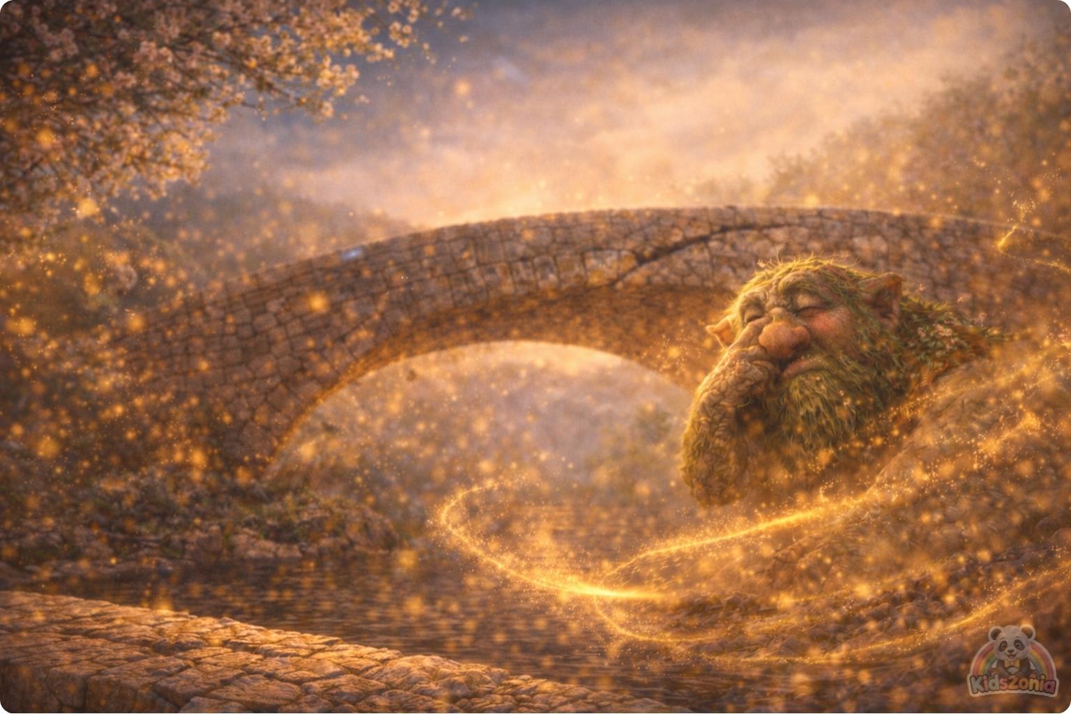 Ember watching golden dust swirl around Grumble the Troll beneath a cracked bridge, showing quick fixes, careful observation, patience, and problem-solving.