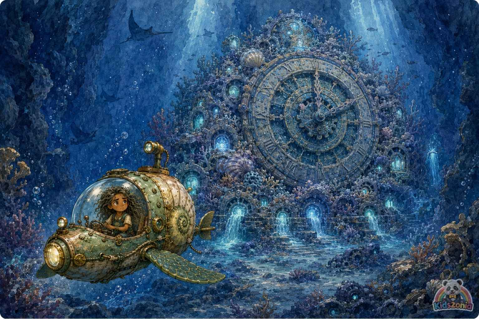 Kaya piloting her Nautilus-Scout near the Great Coral Clock in the Sapphire Trench, removing ghost nets to help heal the ocean and protect marine life.